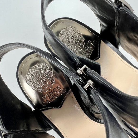 Vince Camuto Womens Lyssia Black Leather Sandals Open Toe Wedge Buckles size 9 - Picture 13 of 16